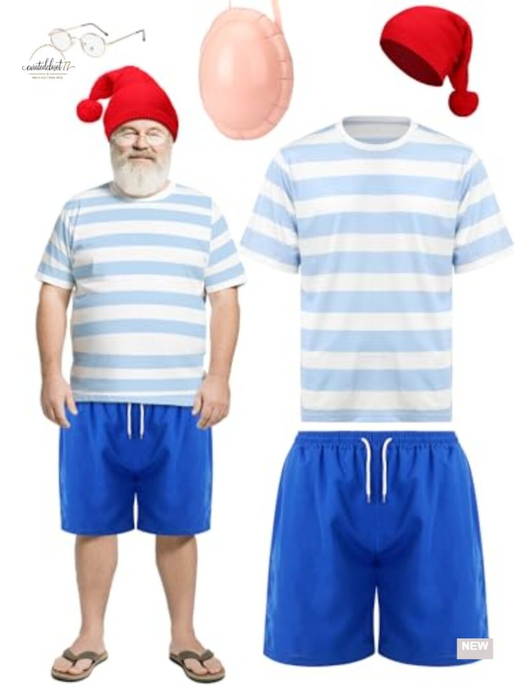 Men's Funny Halloween Costume Set Cartoon Cosplay Striped Shirt Shorts Hat